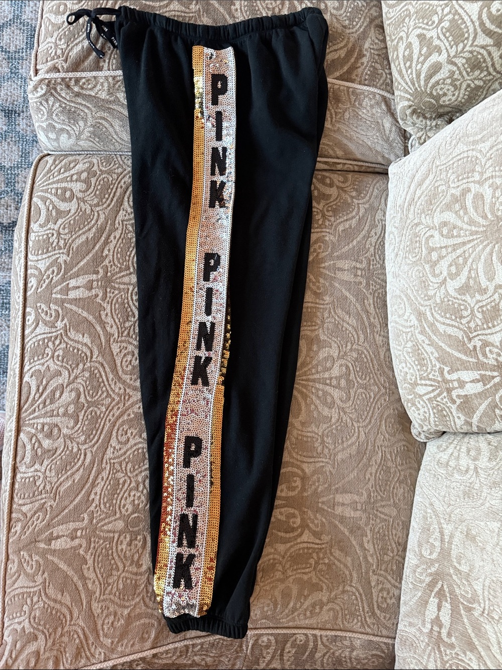 PINK Victoria's Secret Black Joggers with Gold & Silver Sequin Side Stripes